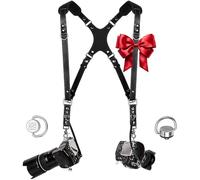 Harnais pour 2 appareils photo - Sangle fine double épaule en cuir pour appareil photo - Sangles pour photographes - Attache de sécurité, noir, réglable