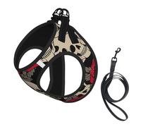 Harnais pour chien avec motif tête de mort noire et roses - Petite taille et laisse - Léger et respirant - En maille respirante