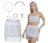 HarnyLoom 4 Pièces Deguisement Disco Femme, Jupe Paillette Femme, Tenue Disco Annee 80 Adulte, Adulte des Années 70 Lady Disco Party, pour Halloween, Carnaval (M)