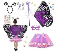 HarnyLoom 6 Pièces Deguisement Papillon Fille Ailes Fée Costume Tutu Jupe Princesse Enfant Serre-tête Masque Tatouages Carnaval Cosplay Fête Halloween (Violet)