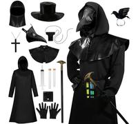 HarnyLoom Costume du Médecin de Peste Masque Docteur Homme Deguisemen Noir Steampunk Accessoires Corbeau Cosplay Gants Canne Cape à Capuche Adultes Halloween