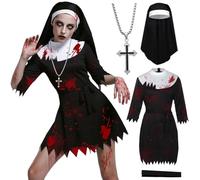 HarnyLoom Costume Nonne Femme Déguisement Zombie Nonne Horreur Sanglant Religieuse Robe Noir avec Collier Croix Ceinture Coiffe Valak Adulte Cosplay Halloween (S)
