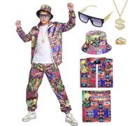 HarnyLoom Déguisement Année 80 90 Homme Femme Survêtement Ensemble Costumes Rétro Adulte Disco Veste Tenue Accessoires Chapeau Lunettes Fête Carnaval Halloween Sport Jogging (Rouge-90, 2XL)