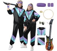 HarnyLoom Déguisement Année 80 Homme Femme Costumes Années 90 Tenue Rétro Disco Hippie Adulte Accessoires Lunettes Guitare Gonflable Carnaval Halloween (Violette Noire, 2XL)
