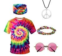 HarnyLoom Déguisement Annees 80 70 Femme Homme, Costume Hippie T Shirt Multicolore Disco Bandeau Lunettes de Soleil Carnaval Halloween Fête (Multicolore, L)