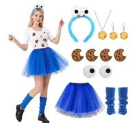 HarnyLoom Déguisement de Cookie Monster pour Femme, Jupe Tutu, Bandeau, Collier et Boucles d'oreilles Bleus. Accessoires pour la Journée Mondiale du Livre, Halloween et Les Bals Masqués