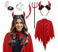 HarnyLoom Deguisement Diable Femme Cape Diablesse Vampire Corne Fourchette Dentier Bandeau Queue Adulte Accessoires Carnaval Cosplay