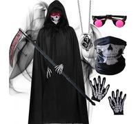 HarnyLoom Déguisement Faucheuse Enfant Adulte Scream Cape Faux Faucille Costume Grim Reaper Hooded Robe Garçon Couvre-chef de Squelettes Gants Lunettes Halloween (170 (170~185 cm))