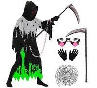 HarnyLoom Déguisement Faucheuse Enfant, Halloween Faucheuse Costume Noir Scream Cape Garçons Faucille Gants Lunettes Halloween Cosplay (110)