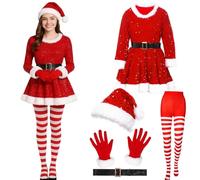 HarnyLoom Deguisement Mere Noel Femme Robe Mère Noel Costume Adulte Tenue Santa Chapeau Gants Pantalon Fête Noël Cosplay (S)