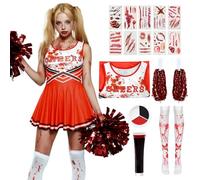 HarnyLoom Deguisement Pompom Girl Femme Cheerleader Costume de Zombie Tenue Déguisement Uniforme Pom-poms Cosplay Fille Enfant Chaussettes Autocollant Peinture Halloween Carnaval (Rouge - Adulte, M)