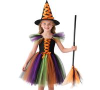 HarnyLoom Deguisement Sorciere Fille, Costume Sorciere Enfant Halloween Violet Robe Princesse avec Chapeau Balai de Sorcière Cosplay Fete pour Fille 2 à 12 Ans (Orange, 140 (10-12 ans))