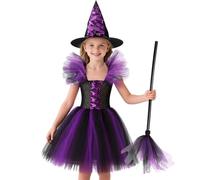 HarnyLoom Deguisement Sorciere Fille, Costume Sorciere Enfant Halloween Violet Robe Princesse avec Chapeau Balai de Sorcière Cosplay Fete pour Fille 2 à 12 Ans (Violet, 110 (4-5 ans))