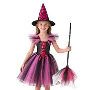 HarnyLoom Deguisement Sorciere Fille, Costume Sorciere Enfant Halloween Violet Robe Princesse avec Chapeau Balai de Sorcière Cosplay Fete pour Fille 2 à 12 Ans (Rose Rouge, 140 (10-12 ans))