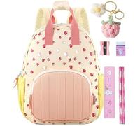HarnyLoom Fraise Cartable Fille Primaire, Sac à Dos Enfant avec Crayon Gomme Porte-clés Taille-crayon Règle Fournitures Scolaires Kit Cadeau d'anniversaire