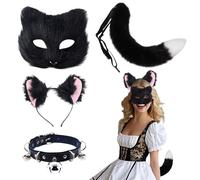 HarnyLoom Masque Renard de Chat Femme Costume de Renard Adult Fourrure Bandeau à Oreilles Queue Collier Cloche Déguisement Animal Carnaval Cosplay Fête (Noir)