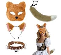 HarnyLoom Masque Renard de Chat Femme Ensemble Costume de Renard Adult Fourrure Bandeau à Oreilles Queue Collier Cloche Déguisement Animal Carnaval Cosplay Fête