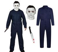 HarnyLoom Michael Myers Costume Adulte Horreur Costume avec Latex Masque Halloween Hommes Deguisement Combinaison Killer Cosplay Carnival (Bleu Fonçé, 2XL)