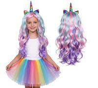 HarnyLoom Perruque Licorne pour Femme, Perruque Licorne avec Corne et Oreilles, Perruque Longue Bou Accessoire Cheveux Licorne : Bandeau pour Carnaval, Halloween et Cosplay (Couleur)