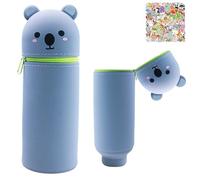 HarnyLoom Trousse Silicone Trousse Ecole 2 en 1 Kawaii Animaux Filles Garcons Fourniture Scolaire Papeterie Rétractable Enfant Autocollants Anniversaire Cadeaux (Gris Koala)