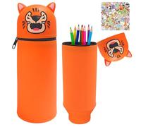 HarnyLoom Trousse Silicone Trousse Ecole 2 en 1 Kawaii Animaux Filles Garcons Fourniture Scolaire Papeterie Rétractable Enfant Autocollants Anniversaire Cadeaux(Orange Tigre)