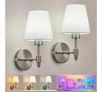 HARPER LIVING - Lot de 2 appliques murales sans fil à piles, lampes en tissu avec ampoules rechargeables et télécommande - 3 températures de couleur (CCT) et 9 couleurs RGB, Nickel satiné