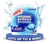 HARPIC HYGIENIC FRESH STICKER Bloc de toilette adhésif, marine, paquets de 4 autocollants, désodorisant WC, sans applicateur en plastique.