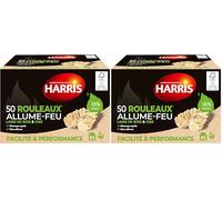 HARRIS - 50 Rouleaux Allume-feu - 100% naturels - Laine de Bois & Cire - Allumage Rapide - Ultra Efficace - Etui Carton refermable - Bois FSC - Fabrication Française - x50 (Lot de 2)