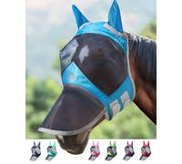 Harrison Howard CareMaster Pro Masque anti-mouches lumineux pour cheval - Grand espace pour les yeux avec oreilles - Protection UV pour cheval - Bleu ciel - Taille XL - Extra complet