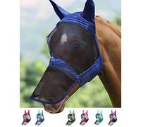 Harrison Howard CareMaster Pro Masque anti-mouches lumineux pour cheval Grand espace pour les yeux avec oreilles - Protection UV pour cheval - Bleu marine - Taille XL - Extra complet
