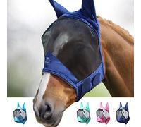 Harrison Howard CareMaster Pro Masque anti-mouches lumineux pour cheval - Grand espace pour les yeux avec oreilles, standard - Protection UV pour cheval - Bleu marine, S, poney