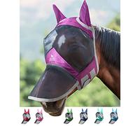 Harrison Howard CareMaster Pro Masque anti-mouches lumineux pour cheval - Grand espace pour les yeux - Long nez avec oreilles - Protection UV pour cheval - Magenta foncé - Taille L