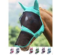 Harrison Howard CareMaster Pro Masque Anti-Mouches Lumineux pour Cheval Grand Espace pour Les Yeux - Long Nez avec Oreilles - Protection UV pour Cheval - Été Menthe - Taille XL - Extra Complet