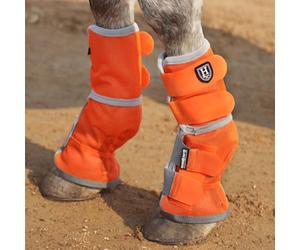 Harrison Howard Lot de 2 guêtres Anti-Mouches pour Cheval - Coupe Parfaite - en Maille Dense - avec Confort ventilé - Protection fiable Contre Les éléments d'été - Orange Vif - Taille L