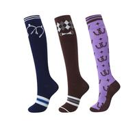 Harrison Howard Lot de 3 paires de chaussettes d'équitation de qualité supérieure pour l'équitation et bottes hautes pour femme, Matériel pour cheval/grille diamant café/imprimé fer à cheval violet