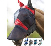 Harrison Howard Pro Masque anti-mouches lumineux pour cheval - Long nez avec oreilles - Protection UV pour cheval - Rouge écarlate/noir - Petit poney