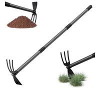 Harrms Binette de jardin avec manche de 116 cm, double binette multifonction avec 3 dents en métal, râteau de mauvaises herbes - Accessoire de jardin pour ameublir, aérer et désherber le sol