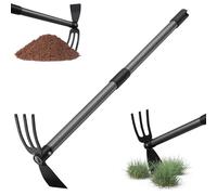 Harrms Binette de jardin avec manche de 76 cm, double binette multifonction avec 3 dents en métal, râteau de mauvaises herbes - Accessoire de jardin pour ameublir, aérer et désherber le sol