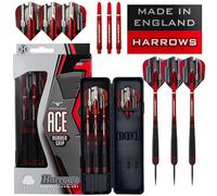 Harrows Ace Rubber Black Darts | Jeu de fléchettes à Pointe en Acier avec étui de Transport | 20g, 22g, 24g et 26g | Comprend des tiges Supergrip et des ailettes Marathon de 100 microns-22grmm