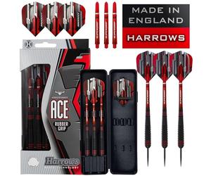 Harrows Ace Rubber Black Darts | Jeu de fléchettes à Pointe en Acier avec étui de Transport | 20g, 22g, 24g et 26g | Comprend des tiges Supergrip et des ailettes Marathon de 100 microns