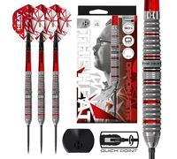 Harrows Damon Heta Jeu de fléchettes 90 % tungstène série 4, pointe en acier avec système de pointe rapide, disponible en 21 g, 23 g, 24 g et 25 g avec outil Quick Point, tiges rouges Alamo VS2 et