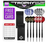 Harrows Trophy Lot de 25 fléchettes haute performance 6 fléchettes à pointe en acier avec prise en main de qualité supérieure, lot ultime avec accessoires complets de fléchettes : portefeuilles de