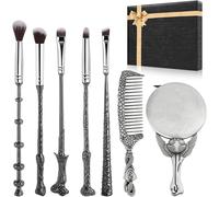 Harry Lot De 7 Pinceaux De Maquillage Avec Miroir Argenté, Peigne, Baguette De Magicien Pour Fond De Teint, Fard À Paupières, Correcteur De Vi , Contour Des Yeux, Poudre Liquide Pour Les Yeux,