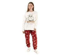 Harry Potter Ensemble Pyjama Femme Hedwige Manches Longues Jambes Longues | Vêtement de Nuit Douillet en Polaire Rouge et crème | Motif Poudlard | Produits dérivés