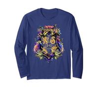 Harry Potter Hogwarts Multi-Colored Floral Crest Manche Longue, Unisexe pour Adultes, Bleu Marine, XL