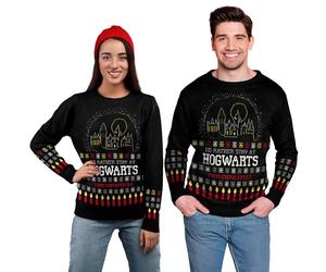 Harry Potter « I'd Rather Stay at Hogwarts This Christmas » - Pull d'hiver tricoté - Pull de Noël moche - Pull de Noël pour homme et femme - Noir (L)