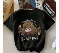 Harry Potter, imprimé mignon de motif de sorcière féminine de dessin animé, garçons/filles avec le même t-shirt en coton côtelé style collège drapé de sport doux respirant hauts à manches courtes pour