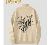 Harry Potter, Poudlard College et motif de croquis de hibou imprimé, chemise à col semi-ouvert confortable et polyvalente en pur coton pour femmes, décontractée et créative, style collège de rue ajust