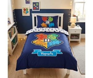 Harry Potter Poudlard Housse de Couette 140x200 cm + taie 65x65 Coton | Parure de lit 1 personne | 100% coton respirant | Blason 4 maisons colore | Enfant | Idee cadeau