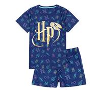 Harry Potter Pyjamas pour Enfants | Ensemble t-Shirt à Manches Courtes Bleu Marine avec Lunettes de Sorcier, Sorts, Logo doré HP et école de Poudlard | Vêtements Magiques